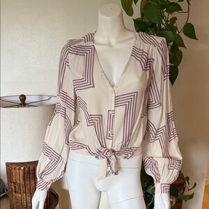 H&M Cream Geometry Geometric Patterned Blouse Tie Front